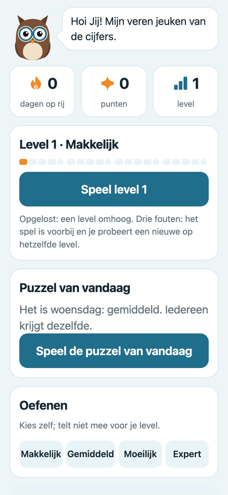 Start screen with Uilke the owl, your level and points
